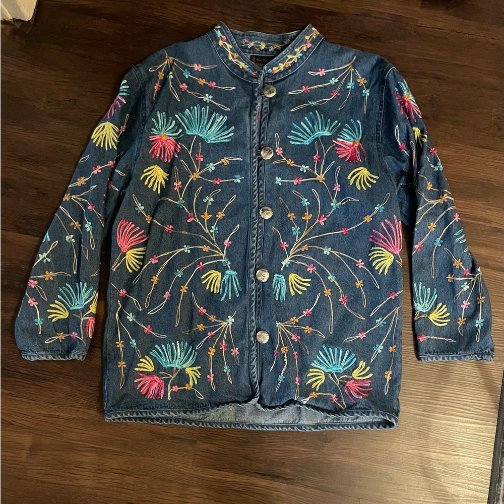 New Directions Vintage Floral Embroidered‎ Denim Jacket Mandarin Collar Large